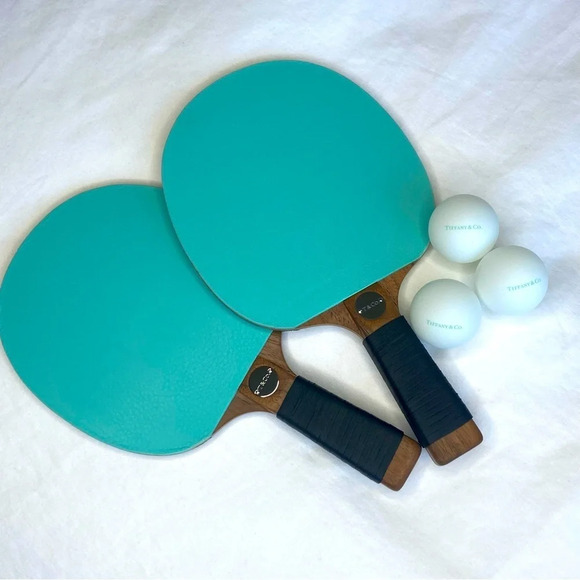 NEW TIFFANY & CO Table Tennis Racket/3 Balls Blue/Black Leather  American Walnut - Picture 3 of 16